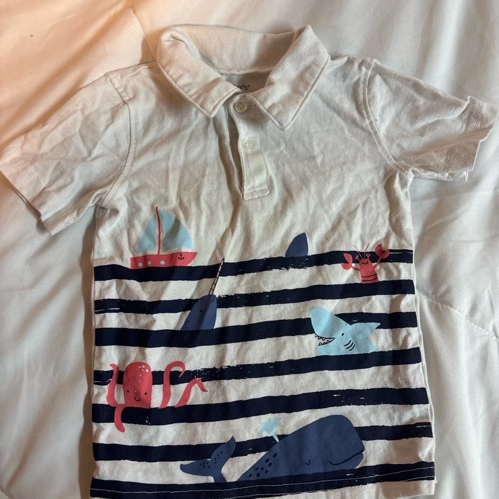 Carter's White and Navy Sea Adventure Polo with boats and sea animals 2T